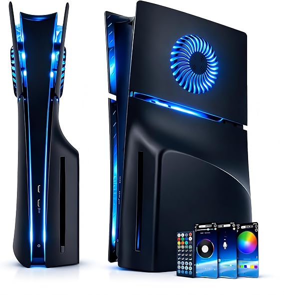 PS5 Slim Disc Edition Faceplate with RGB LED Lights and Cooling Vents, Black Replacement Cover Plates with Remote Control for PlayStation 5 Slim