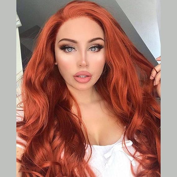 Auburn Lace Front Wig Copper Brown Heat Resistant Afro Wig Red Ginger Real Hair Long Glueless Wigs for White Women Synthetic Lace Front Wig Drag Cosplay Daily 26Inch