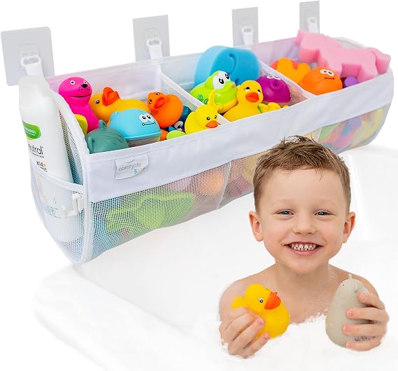 Large Bath Toy Organizer 3 Compartment Bath Toy Holder for Bathtub & Shower Quick-Dry Mesh with 4 Strong Adhesive Hooks Kids Toys Storage Net for Bathroom, shower & Tub