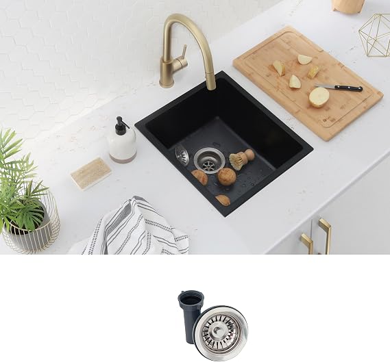 Stylish 15.5 x 17.5 Inch Composite Granite Kitchen or Bar Sink, Single Bowl Under Mount & Drop in, 8.5 in Deep, Rear-Center Drain, with Strainer, Black, S-816N