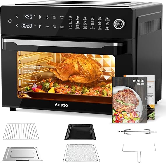 Aeitto 32-Quart PRO Large Air Fryer Oven| Toaster Oven Combo | with Rotisserie, Dehydrator  Accessories | 19-In-1 Digital Airfryer | Fit 13" Pizza, 9pcs Toast, 1800w, Black