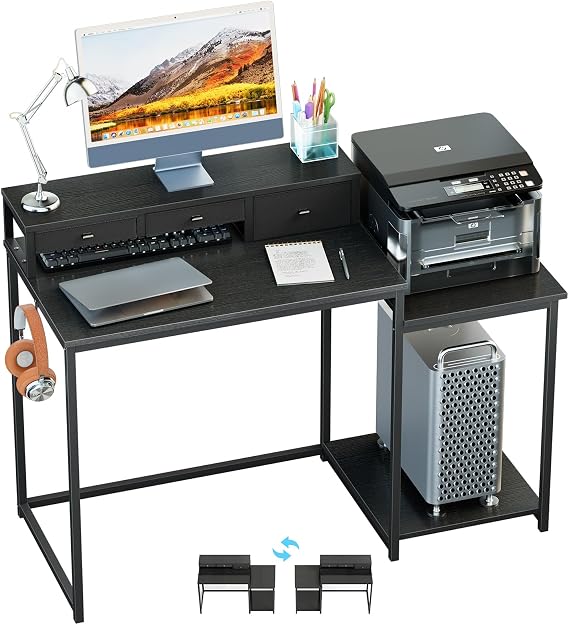 WOHOMO 120cm Computer Desk with 3 Drawers, Printer Shelf and Monitor Stand