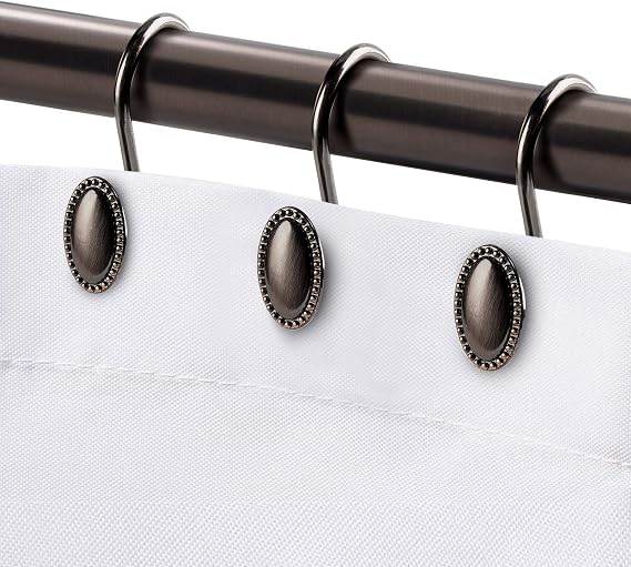 Metal Shower Curtain Hooks, Oil-Rubbed Bronze Rustproof Decorative Shower Curtain Rings for Bathroom, Curtain Hooks for Shower Liner, 12Pcs