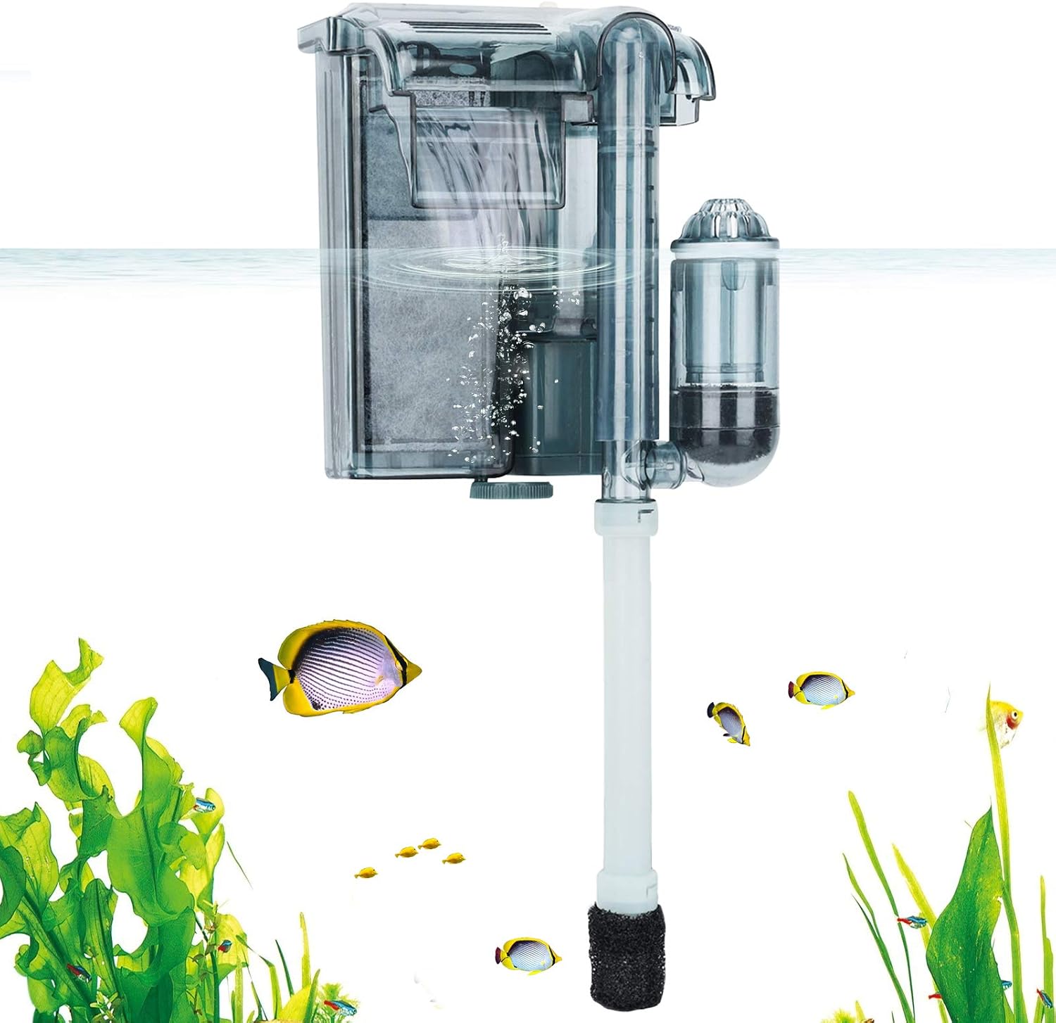 AQQA Aquarium Hang On Filter, Submersible Hanging Activated Carbon Biochemical Cotton 3 in 1 Filter Media Adjustable Water Flow