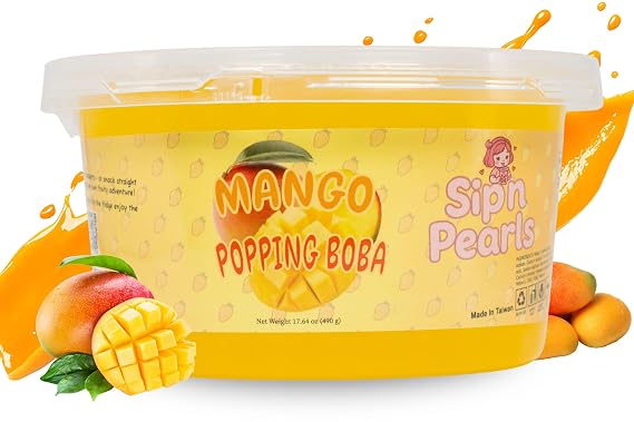 Sip'n Pearls Bursting Tapioca Pearls | Ready to Eat Fruit Juice Popping Pearls for Drinks, Desserts, Bubble Tea, Yogurt, Smoothies (Mango)