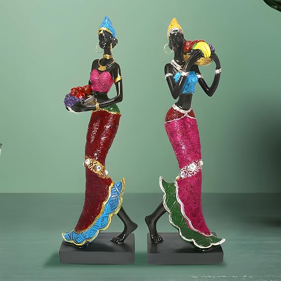 Rayberro 2 Pack African Women Sculpture,9.84in Black Women Figure Figurine Tribal Lady African American Womens Statue Home Decor Collectible Art Crafts Vintage Tabletop Ornaments Decorations Gift