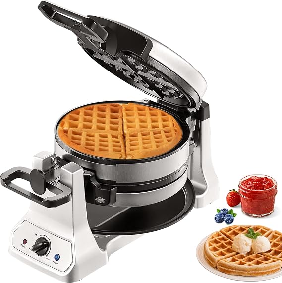 VEVOR 2-Layer Waffle Maker, 1400W Round Waffle Iron, Non-Stick Waffle Baker Machine with Browning Control, 180 Rotable Belgian Waffle Maker, Teflon-Coated Baking Pans, Stainless Steel Body, 120V