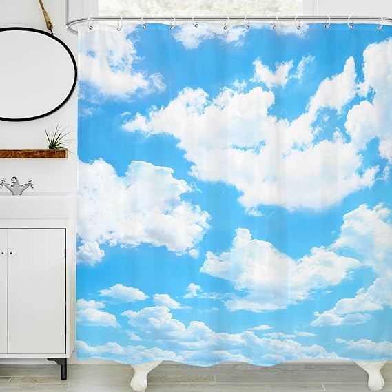 Blue Sky Backdrop Cloud Shower Curtain 72x72 Inch Nature Landscape Scenery Waterproof Fabric Polyester Bathroom Bathtub Decoration 12 Pack Plastic Hooks