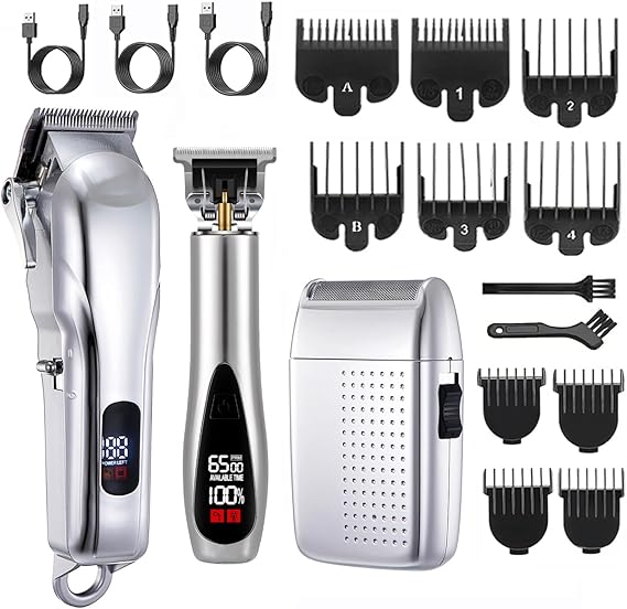 Roziapro Professional Hair Clippers 3-in-1 Barber Clipper Set, T-Shaper Trimmer & Foil Shaver Rechargeable Beard Trimmer Mens Hair Clipper Kit Silver