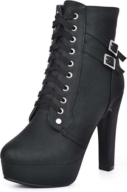 Susanny High Heel Boots for Women,Womens Platform Boot Heels Sexy Round Toe Lace UP High Heels Mid Calf Boots