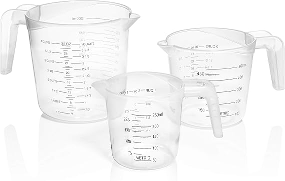 3pc Liquid Measuring Cups Set - 1 Cup, 2 Cup, 1 Quart | Clear Plastic Measure Cups with Long Handles