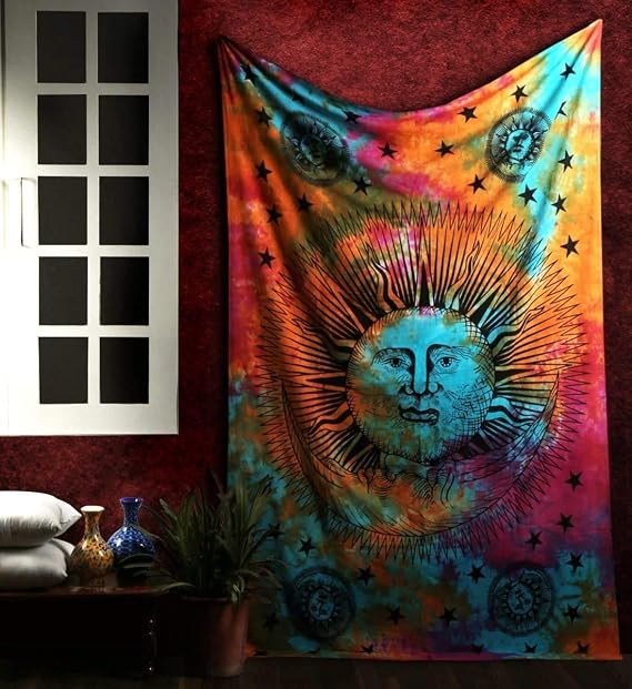 Marubhumi Psychedelic Sun Moon Stars Tie Dye Mandala Tapestry Hippie Hippy Celestial Wall Hanging Indian Trippy Bohemian Tapestries (Multi, 30 X 42 Inch (76 x 106 Cms))