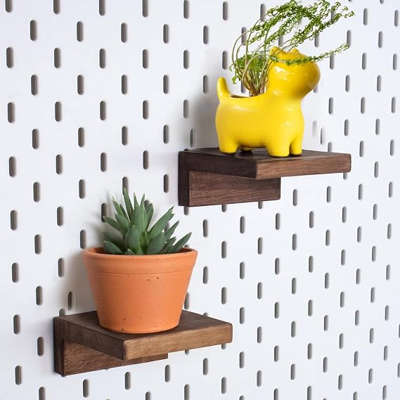 2 Pack Solid Wood Pegboard Shelves Compatible with IKEA Skadis Pegboard - 4''x4'' Walnut Finish Wall Organizers, No Assembly Required