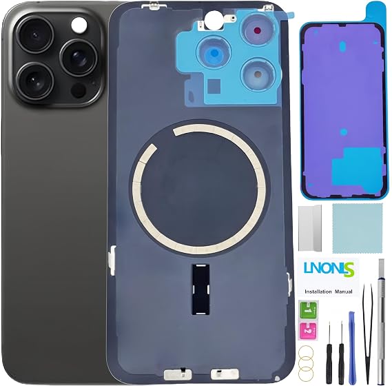 15 Pro Max Back Glass Replacement for iPhone 15 Pro Max Rear Back Cover Glass Waterproofand Camera Lens+Professional Repair Tool Kit (Black Titanium)