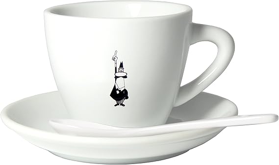 Bialetti - Cappuccino Coffee Cup and Plate - 240mL - Bialetti Iconic Mustache Man Pattern - Porcelain