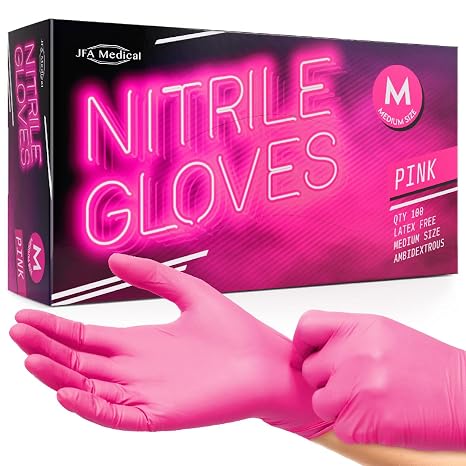 JFA Medical Disposable Powder Free Pink Nitrile Gloves - Box of 100 (Medium)