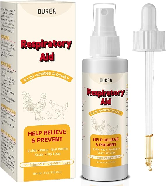 Respiratory Aid for Poultry, 4Oz Chicken Supplement for Sneezing, Coughing & Nasal Relief, Safe for All Birds, Dropper and Spray Top Included, Drinking Water Additive, Natural Liquid Formula