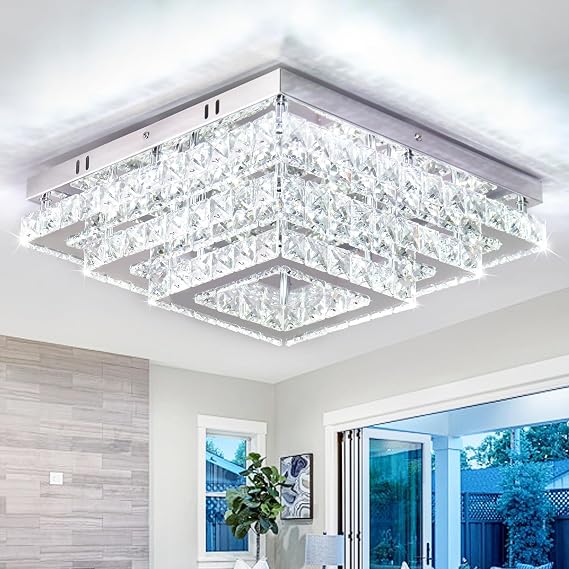 Finktonglan 15 Inch Square Crystal LED Ceiling Light 61W 6500K Cool White [Energy Class E]