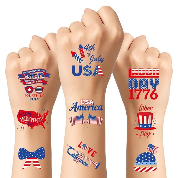 150 PCS 4th of July Tattoos, Fourth of July Tattoos for Kids,Patriotic Temporary Stickers, American Flag Red White and Blue Fake Tattoo Stickers, 4th of July
