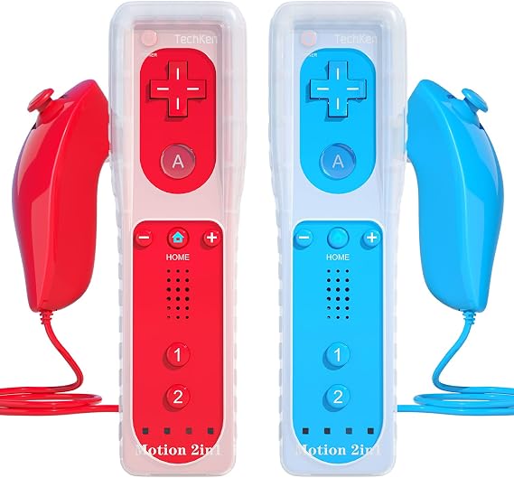2 Sets Remote Controller for Wii, Replacement Remote Built-in Motion Plus Controller and Nunchuck (Red Blue)