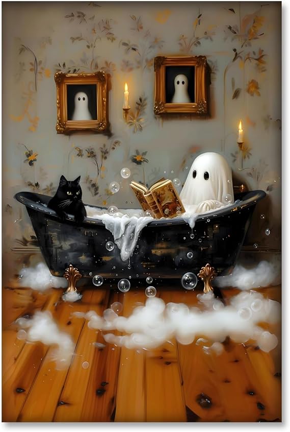 HUYKON Funny Halloween Ghost & Black Cat Bathroom Wall Art Print Cute Spooky Bubble Bath Reading Book Poster Vintage Gothic Canvas Painting for Bedroom Living Room Toilet Decor 8x12inch Unframed