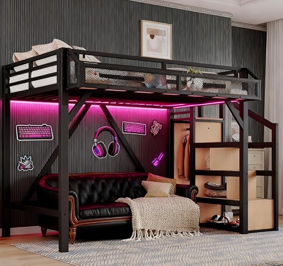Bellemave Twin XL loft Bed with Storage Stairs, Wardrobe, Shelves, Metal Twin XL Size Loft Bed Frame for Adults, Kids, Teens, Black with Natural Wood