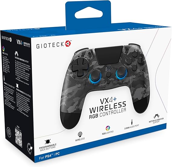 Gioteck VX4+ Wireless Controller for PlayStation 4 (PS4) - Dark Camo - Customisable RGB Lighting and Programmable Back Buttons - Bluetooth Compatible