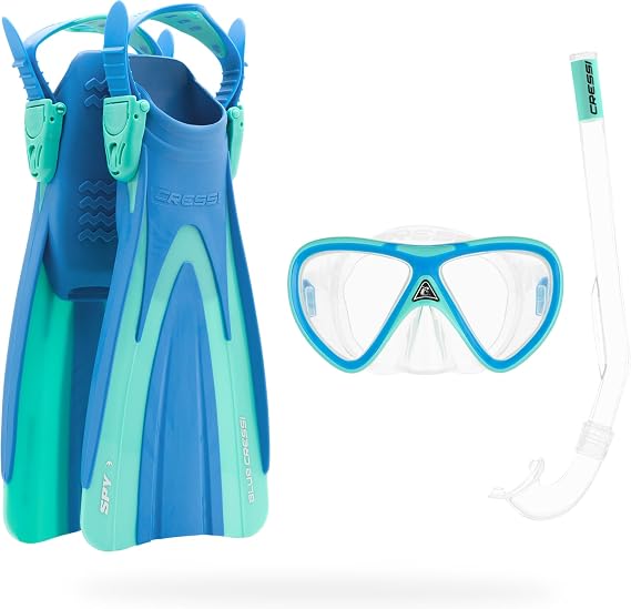 Cressi Seashell Seekers Snorkelling Set for Children with Short Fins, Anti-Fog Tempered Glass Mask and Ergonomic Dry Snorkel for Sea and Pool Use