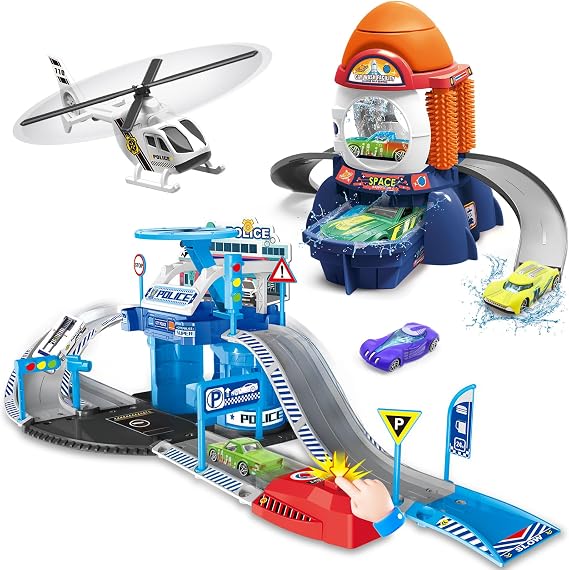 Fistone Kids Parking & Car Wash Playset with Car Launcher Function and 3 Color-Changing Cars Fun Racing & Car Wash Toy for Children