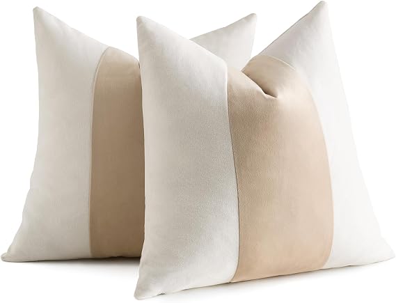 Pack of 2 Velvet Panel Cotton Pillow Covers Decorative Pillowcase Cushion for Couch Sofa Bedroom 18 x 18-Inch Beige