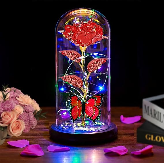 Mothers Day Flowers Gifts for Mom Wife Her Women,Light Up Rose Flower in A Glass Dome,Mother Day Rose Presents Her from Daughter Butterfly Birthday Gifts for Mom Women Sister Grandma Daughter Red Rose
