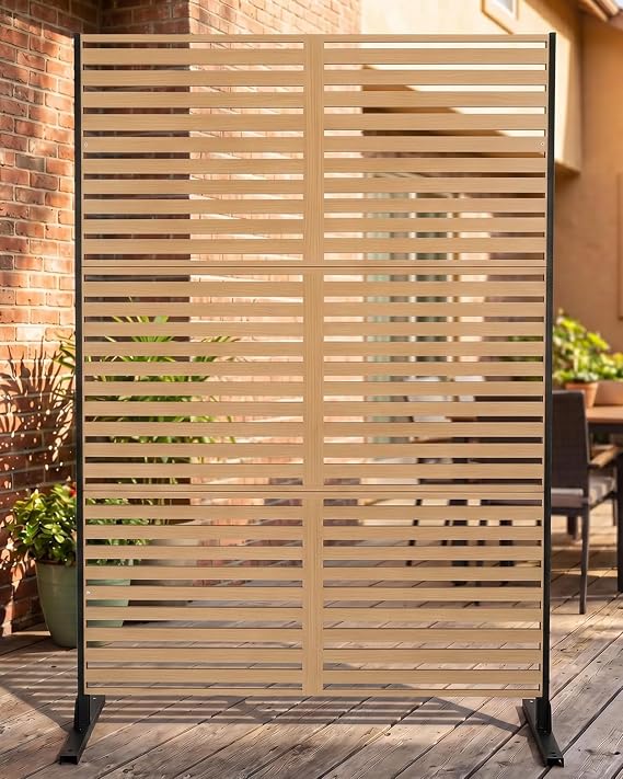 Metal Privacy Screen, 48" W x 75" H, Outdoor Freestanding Privacy Fence Panel, No Dig Steel Decorative Fence, Rustproof Fence Panels for Yard, Patio, Garden, Balcony, Pool, Wood-Grain Horizontal Slat