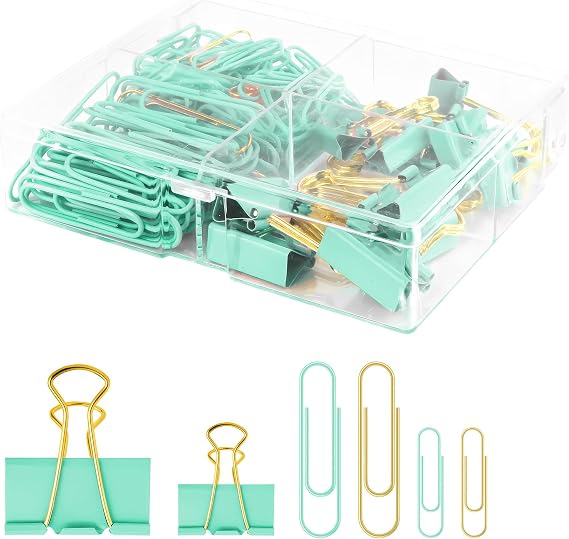 Paper Clips and Binder Clips Set, Green & Gold, Assorted Size Clips