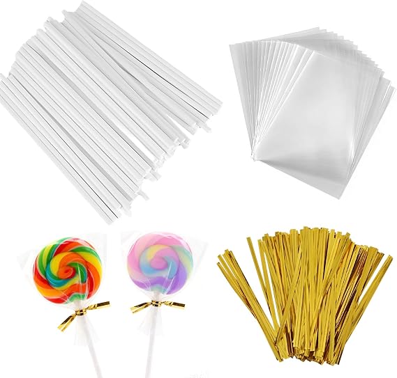 300Pcs Lollipop Making Tools: 100 Paper Sticks & 100 Cake-Pop Bags and 100-Twist Ties, Cake-Pop Bags and Lollipop Sticks for Cakes-Pops & Candy Packaging