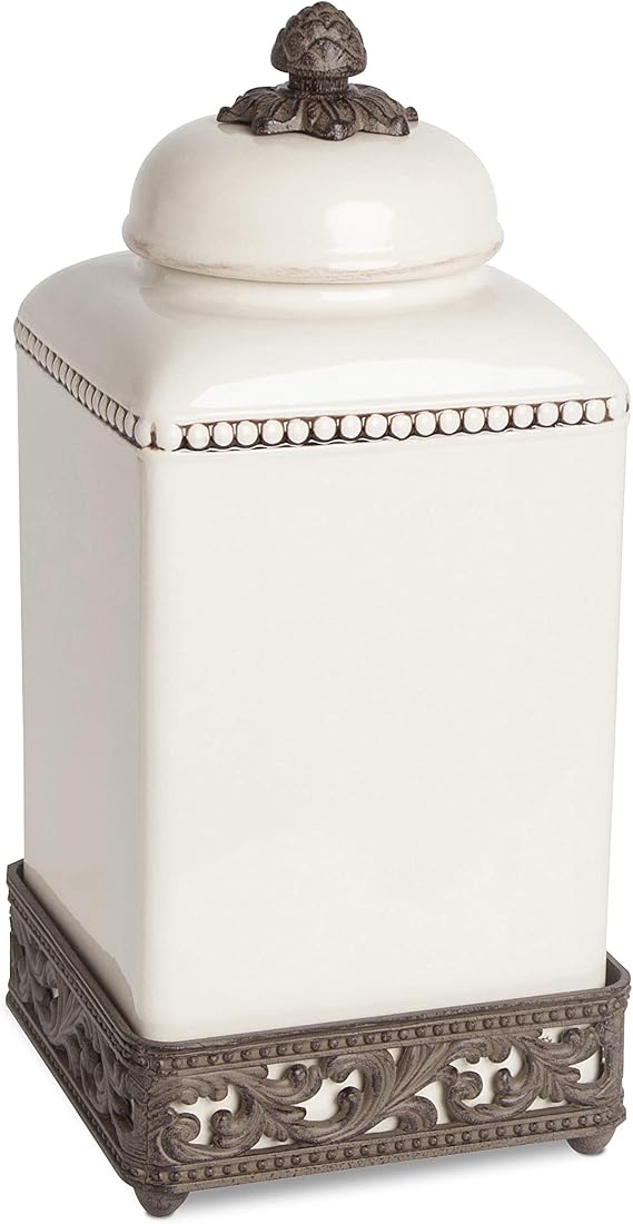15-Inch Tall Cream Ceramic Canister with Acanthus Leaf Adorned Metal Base