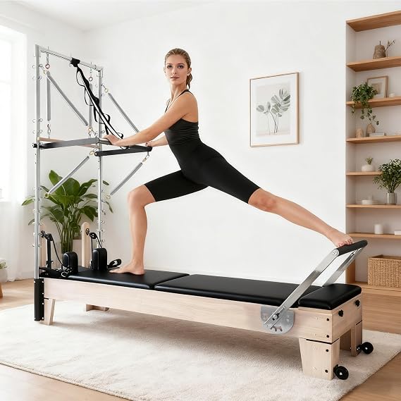 Professional Pilates Reformer Machine for Home Full-Body Workout Reformer with Jumpboard, Box & Foot Straps Smooth Glide System, Adjustable Resistance, Solid Wood Frame