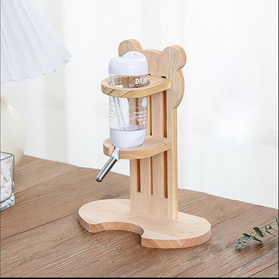Hamster Water Bottle with Wooden Food Container Base for Dwarf Hamster Gerbil Small Animals (White, 80ml(2.7oz))