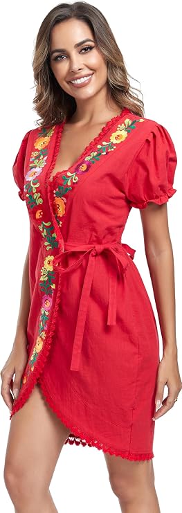 YZXDORWJ Women's Mexican Floral Embroidered Wrap Dress V Neck Short Sleeve Boho Beach Dress