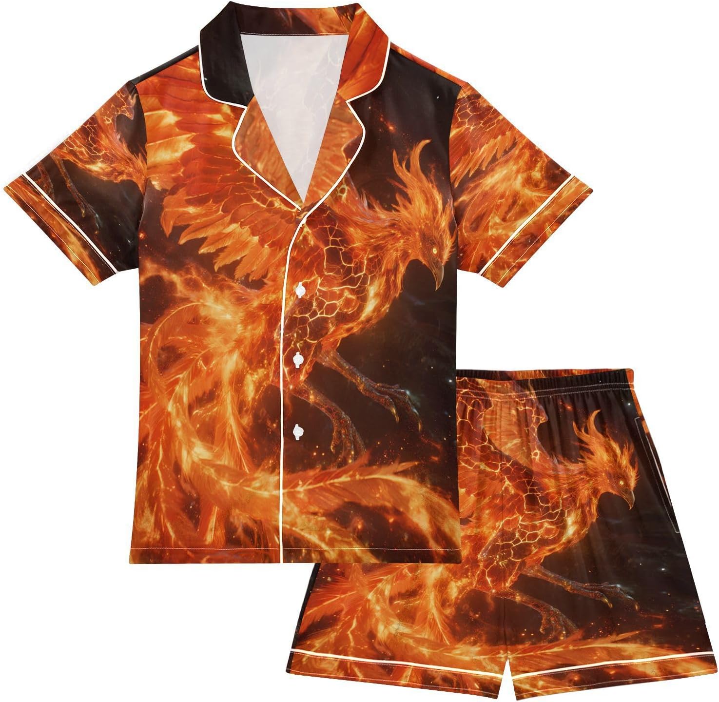 Satin Pajama Sets Short Sleeve Phoenix Rising in Fiery Splendor Button Down Silky Nightwear 2 Piece PJS 5-14Y