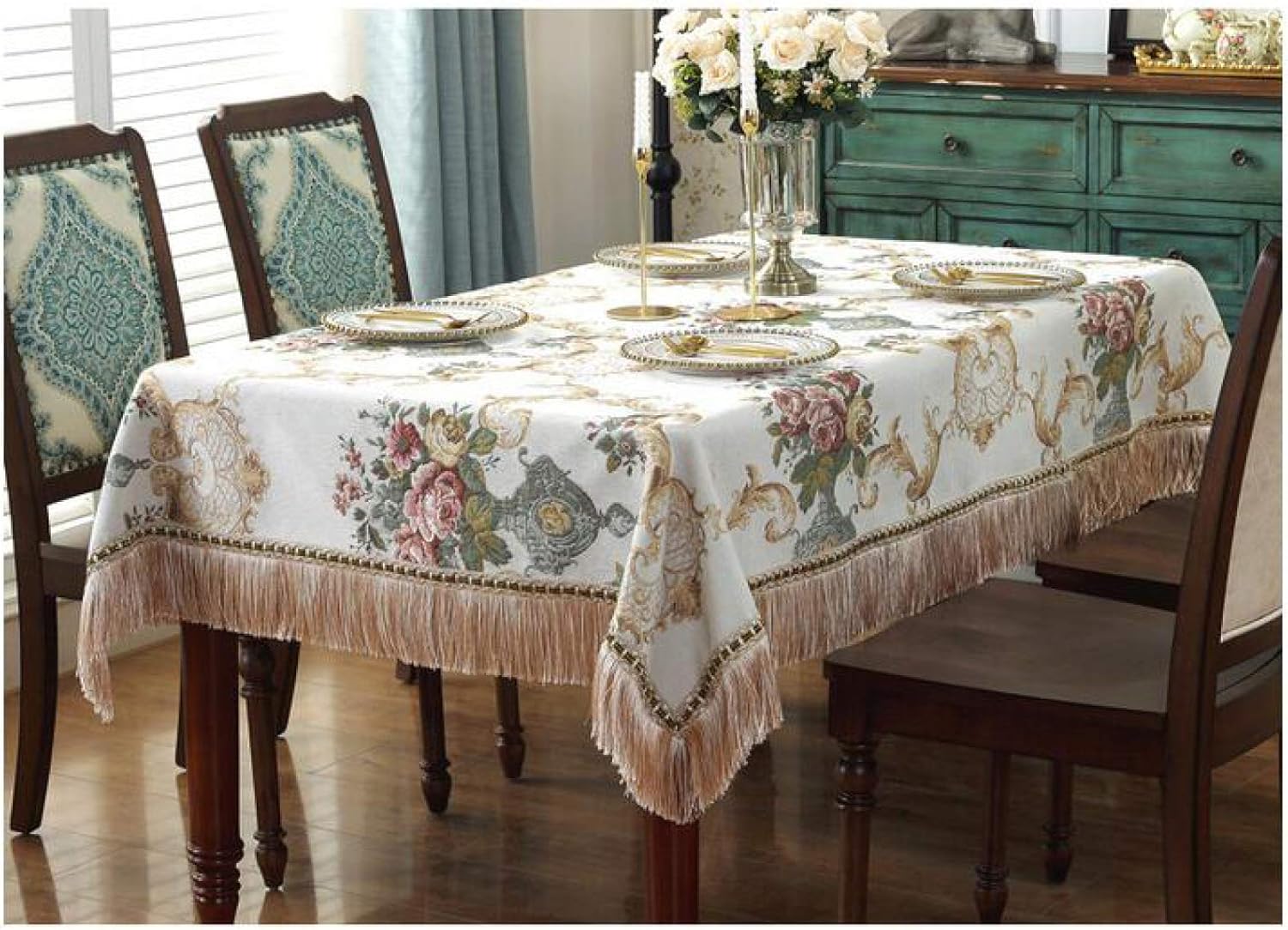 Chenille Table Cloth Fringed Lace Tablecloths Washable, Table Cover for Kitchen Dinning Party,vintage Style,khaki-150 * 220cm（59 * 86.6inch）