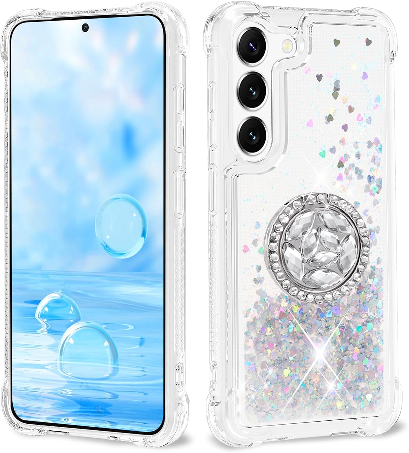 ANSHOW for Samsung Galaxy A55 Case Glitter with Ring Stand, Shockproof Clear TPU Samsung Galaxy A55 Protective Cover, Bling Silver Glitters Pattern Case with Design for Women