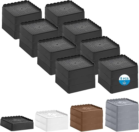 Bed Risers 1 inch, 2 inch, 3 inch, 4 inch Heavy Duty, Adjustable Furniture Riser for Table Desk Couch Sofa Chair Recliner Leg Frame Dorm, Stackable Bed Raisers Blocks (Black 8 Pack, 1+1+1 inch)