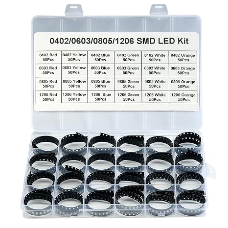 1200Pcs SMD LED Diode Kit,0402 0603 0805 1206 24 Values Assortment | Super bright emitting diodes in yellow, red, blue, green, white and orange. Ideal for lighting lamps and DIY electronics.