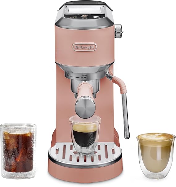 De'Longhi Dedica Duo Compact Espresso Machine - Cold Brew Coffee Maker with Milk Frother Wand- for Espresso, Hot & Iced Coffee, Cappuccinos, Lattes & Home Barista Brewing, Rose Pink