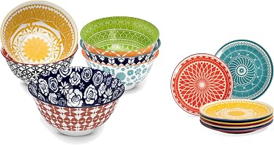 Annovero Cereal Bowls, Dessert Plates | Kitchen Dishes | Microwave Oven Safe | Colorful Porcelain Dinnerware