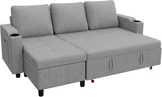 Devoko L-Shaped Corner Sofa Bed with Storage, 3-Seater Pull out Convertible Foldable Sleeper, Modern Settee with Cup Holders, Grey Sofabed for Living Room & Bedroom