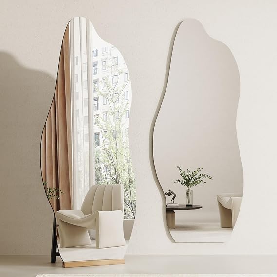Full Length Mirror Floor Mirror with Stand, Irregular Wall Mirror Stylish Frameless Mirror Modern Home Decor Mirror, Stand Up or Wall-Mounted, 59"x16"