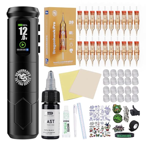 Dragonhawk A1 Pro Wireless Tattoo Gun Kit for Beginners Complete Cordless Tattoo Pen Machine Set with 20 Cartridge Needles 1203RL 1205RS, 2000mAh Battery, Black Ink & Pro Accessories