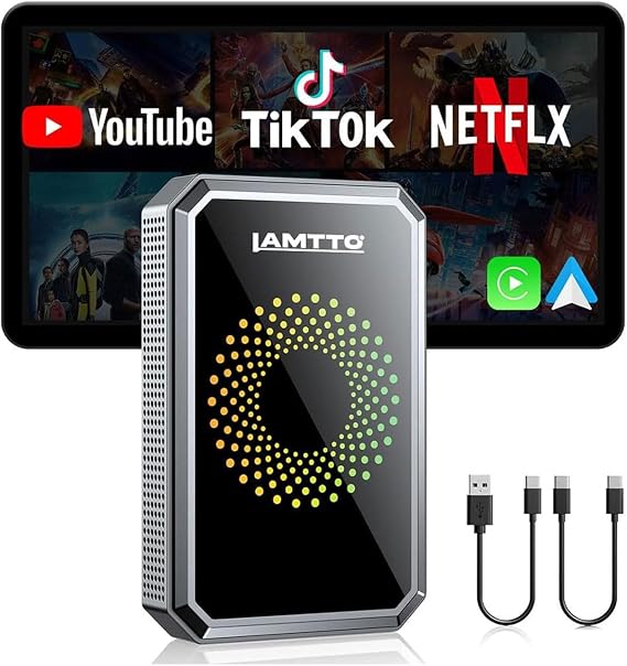 LAMTTO Wireless Carplay Adapter for Streaming Net-Flix/YouTube/TikTok | 3-in-1 Magic Video AI Box Dongle with USB Drive, Dual WiFi,Airplay, OTA for OEM Wired Apple Car Play and Android Auto Cars