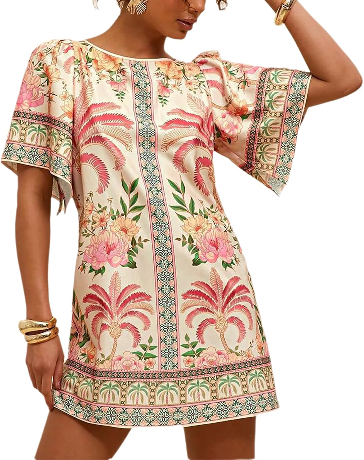 Womens Flared Sleeves Floral Short Dress Crewneck Open Back Summer Casual A Line Vacation Dresses